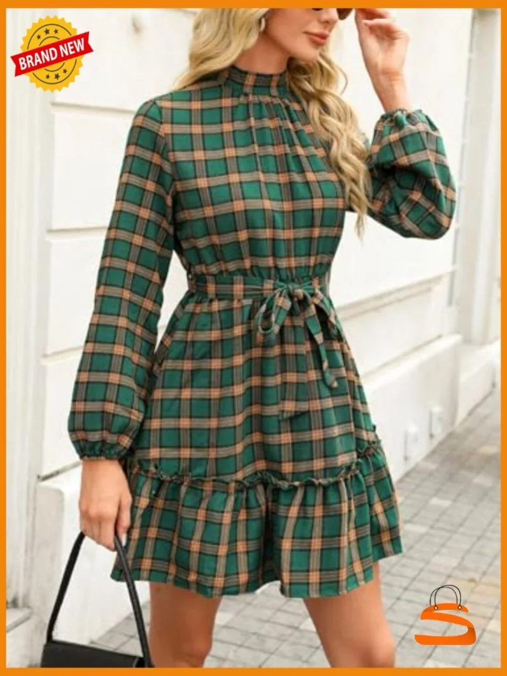 Mini Dress High Neck Plaid Long Sleeve Belted Ruffled Hem Short Dresses